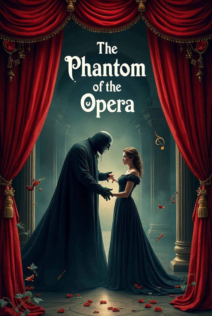 A book cover "the phantom of the opera"
That it has a border related to a red theater curtain and in the background the architecture of the place is shown, include musical notes and in the foreground the ghost is shown manipulating the woman, Add the title of the work at the top with an appropriate font