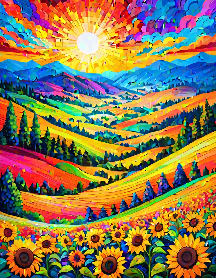Masterpiece, best composition, dynamic composition, colorful landscape painting with sunflowers, trees and hills, colorful landscape painting, psychedelic landscape, vivid oil painting, vivid abstract landscape, color field painting. 8K, amazing colorful landscape, detailed impasto, colorful oil painting, psychedelic sky, mountains and colorful sun, painted landscape, colorful sky, hills with flowers, big trees on hills, summer day psychedelic, big colorful picture.