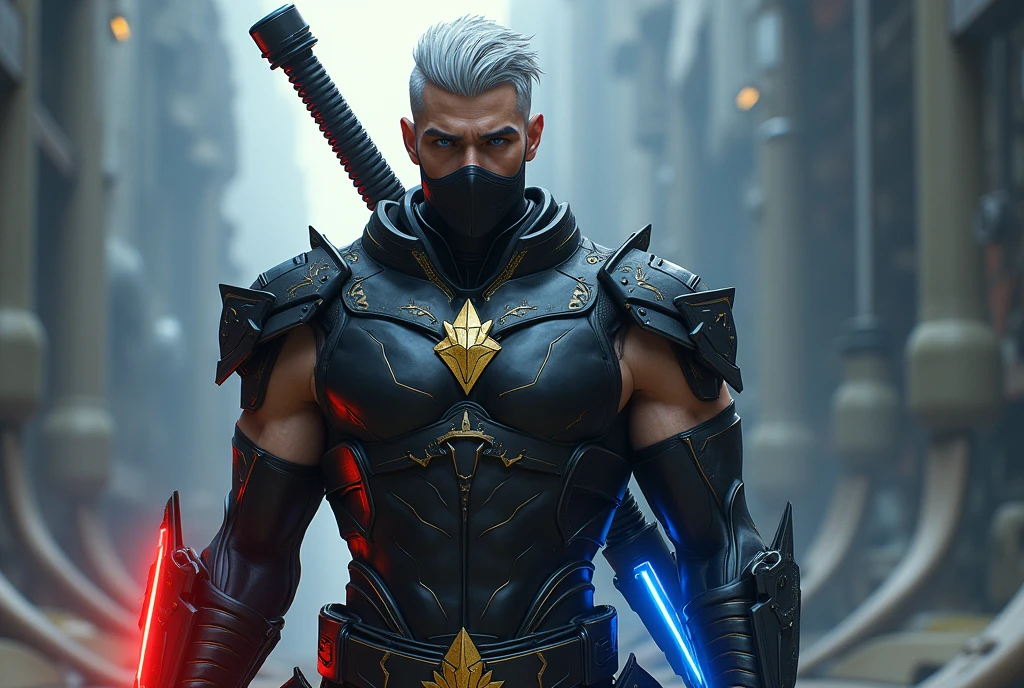 A powerful man, half human, half ninja centurion, with blue eyes, dressed in a black latex jumpsuit with gold lines on the sides and at chest level, the symbol of the druids in a pyramidal shape., muscled body, The hair is a bob style shaved on the right side and silver in color, He carries in his hands powerful futuristic weapons that emit very bright red and blue flashes when fired..
