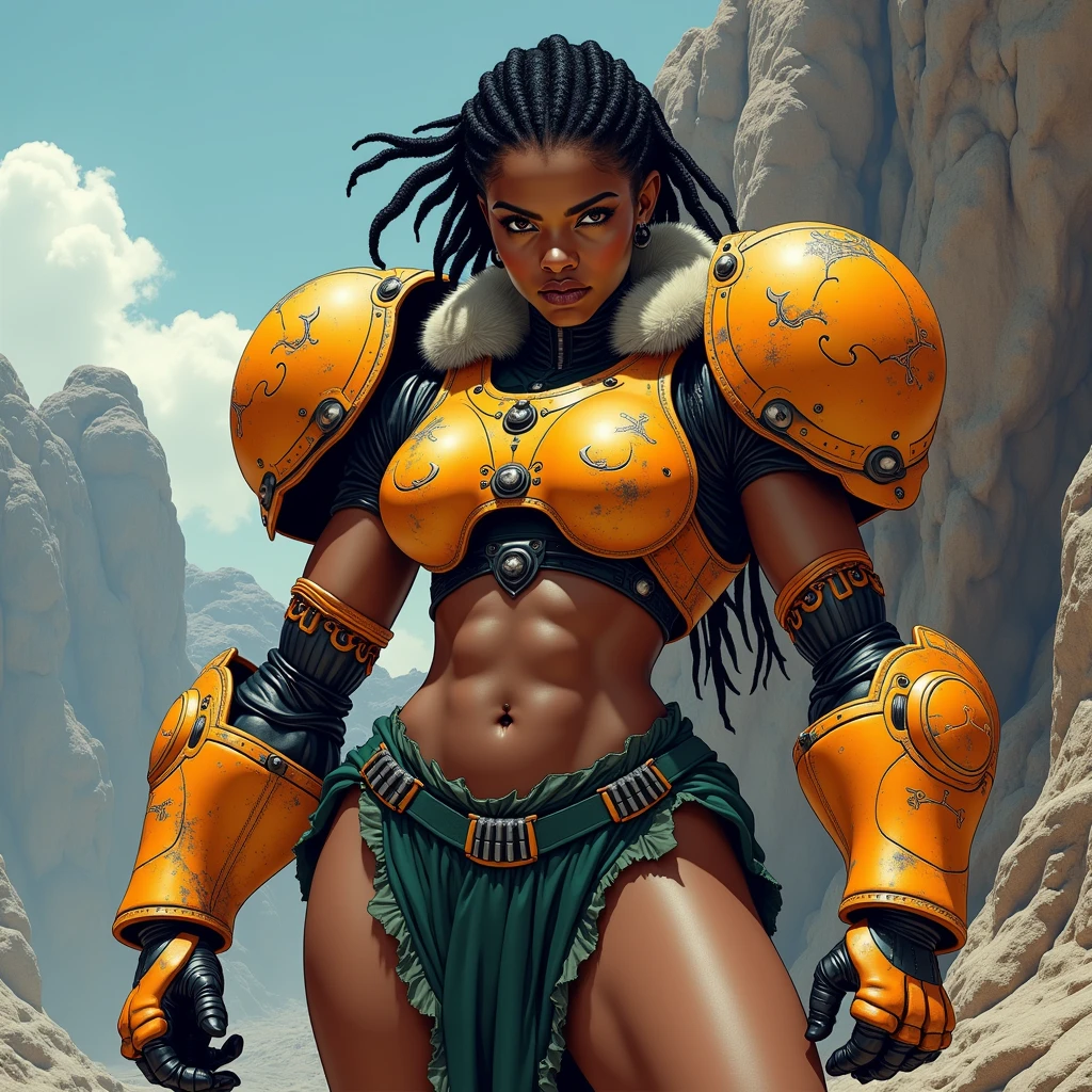 in a ultra realistic style, richly detailed, photo realistic image of a full body image of African woman getting undressed. She has short black dreadlocks, her hair pulled back, she has dark skin, wide hips and thick thighs. she is wearing a (heavy orange mechanical armor:1.3), chipped paint (orange power armor covering her chest and arms, the chest armor is bulky and angular), (orange breast plate:1.1) with large (round orange shoulder pads:1.1), fur trim, cables connect the shoulder pads to the bracers on her forearm. she has a dark green tight undersuit covering her arms and upper body, the undersuit has tech like texture. (barbarian fur trim:1.3), (fur belt, fur boots). her strong thighs and legs are bare, bare thighs and legs, she is wearing a ragged loin cloth that is full of tears and holes. she has thick thighs. The background should be the side of a barren mountain with many crags and outcroppings. She has a Frowning expression, serious expression, glaring at the camera, and her posture is a (deep fighting stance, martial arts). inspired by masters of the universe.
