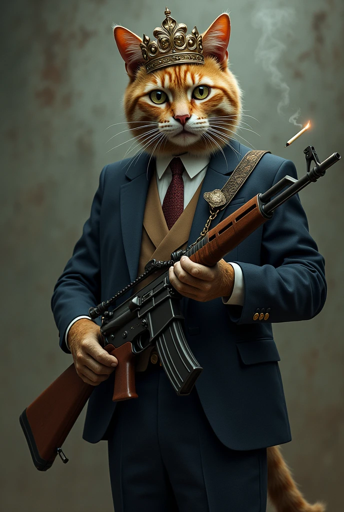 Make a cat with a crown in a suit, with an m16 pointing forward, with a cigarette in his mouth and an mp40 on his back