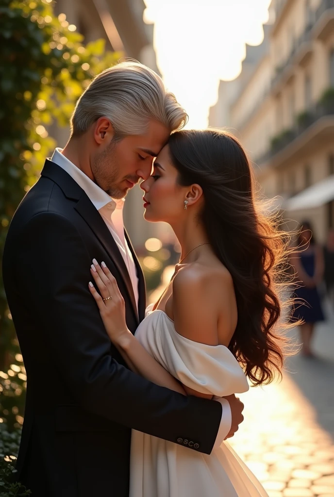 Handsome white haired man with brown eye in elegant outfit hugging a black big haired woman with blue eye in white dress. Background: Paris in the afternoon 