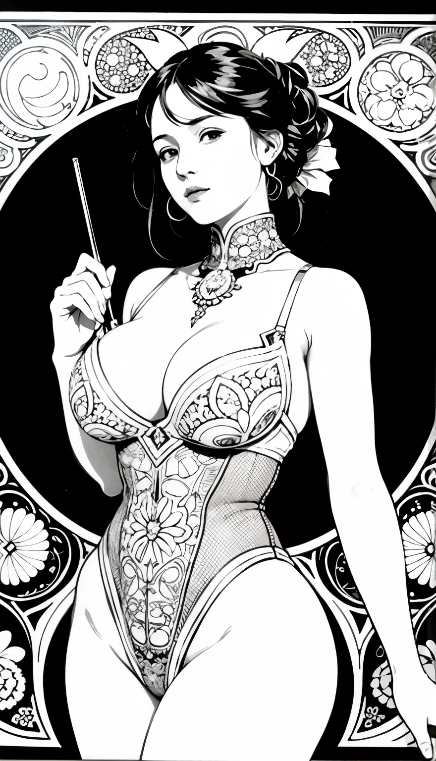 Pursuing their dreams, Coloring Book Page Line Art, All-white background, whole body,Skirt fluttering,Barefoot((Use only contours, Line Art, Coloring Book, Clean Line Art)), Beautiful lingerie designs,Charming and fit curves((Large Breasts)),Mandala,Coloring with natural patterns, Simple and clean Line Art, Coloring Book page, Decorated in Art Nouveau, With Alphonse Mucha's brush, Perfect details, real, White hair,Background pattern with closed edges