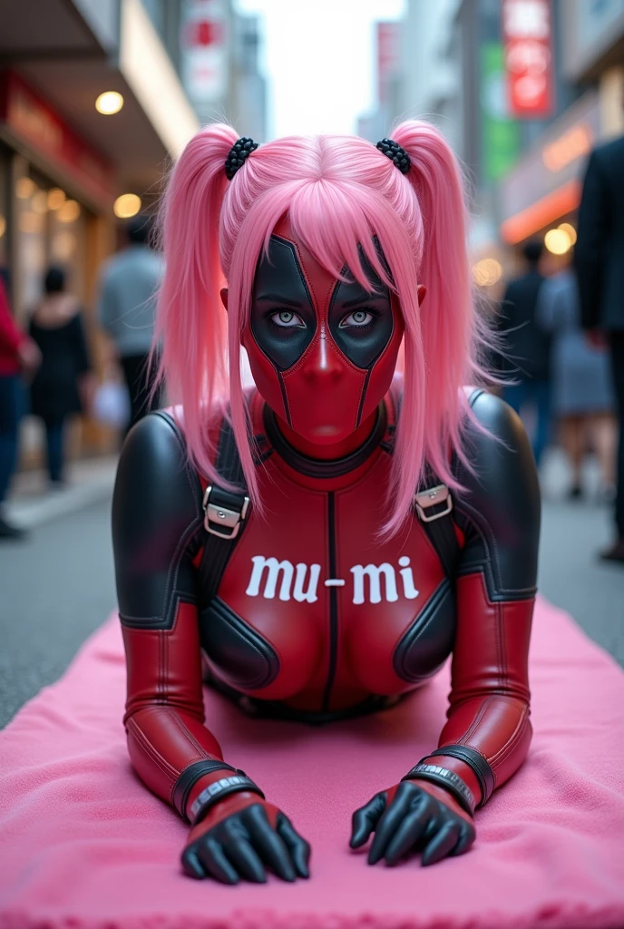 ((of the highest quality)), ((masterpiece)), (Photography), (japanese women), (Deadpool costume and makeup:1.5), (White letters on the chest「mu-mi」It is written like this:1.4), Female Deadpool with pink hair and pigtails、Lying on a pink bath mat in Tokyo's fighting cross、Surrounded by passersby。