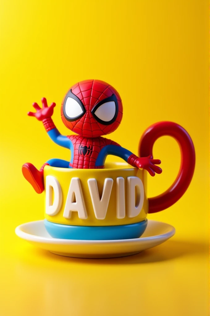 Yellow 3d mug with Spiderman cartoon saying David