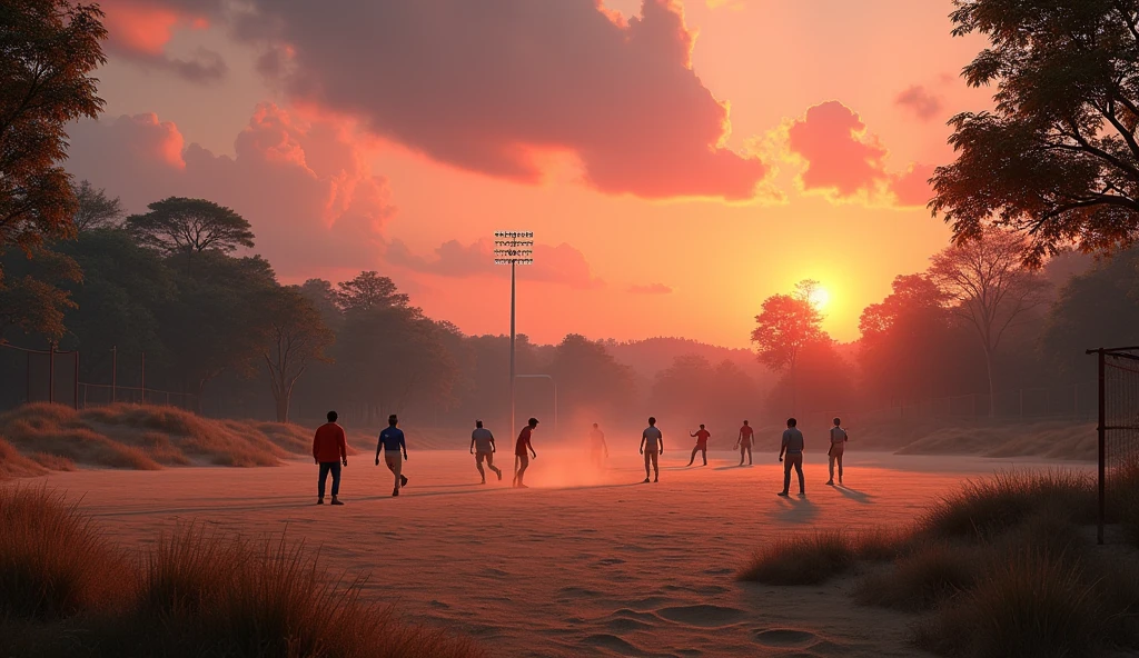 A local Cricket ground  no grass sand ground in time evening sunset reddish realistic 