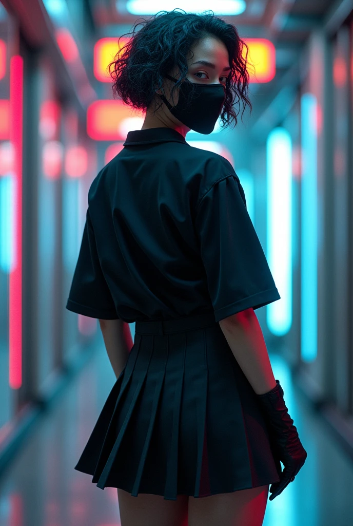 A cyberpup style image of a man with short curly hair, A little chubby and with big hips wearing a tight black shirt and a school skirt that shows her butt with a black mask on her face 