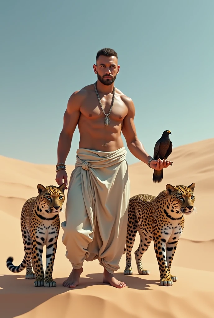 A handsome slim shirtless white skinned man in the desert with a falcon in his hand and two leopards by his side