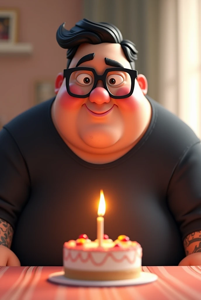 Disney Pixar style 3D character illustration of a plus-size man, square face with short hair combed to the side, black glasses, black sweater, tattoos on arms, blowing out a birthday candle 