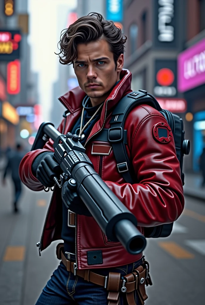 Peter quill, star lord, yeux bleus et cheveux noirs, vetement comme les ravageurs des gardiens de la galaxie, age 20 ans, pistolet futuriste a la main, sans barbe