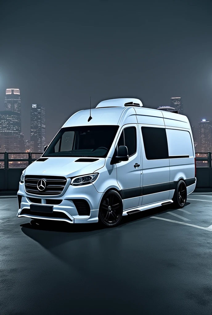 mercedes sprinterblanc sport jante noir coter dans un parking la nuit en fond une ville remplie de gras cielle
