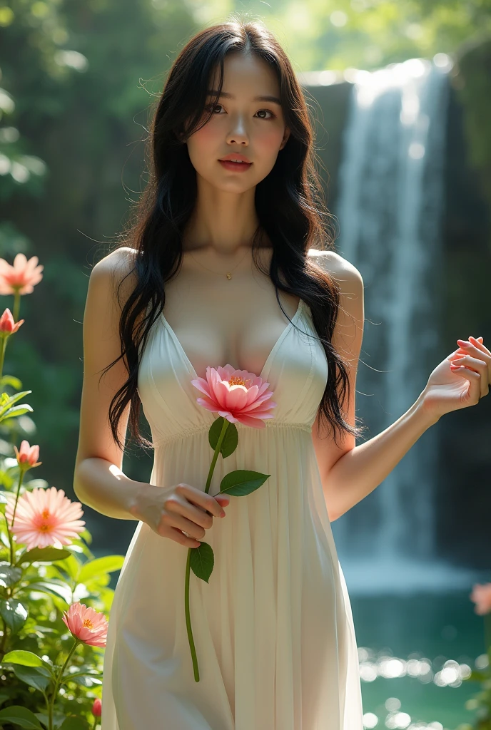 ((The Peeping Tom's Perspective)) A beautiful asian and young girl.Her facial features are exquisite and fully conform to the golden ratio of human anatomy...Her long, black hair, Big breasts, huge chest, fat body, beautiful scenery, big breasts, big, big tits, busty , big breast, big boobs, wearing a beautiful sexy white maxi dress, sitting at the flower garden, waterfall, sexy pose , holding a flower in her hands, enjoying her time, smelling the flowers , big breasts