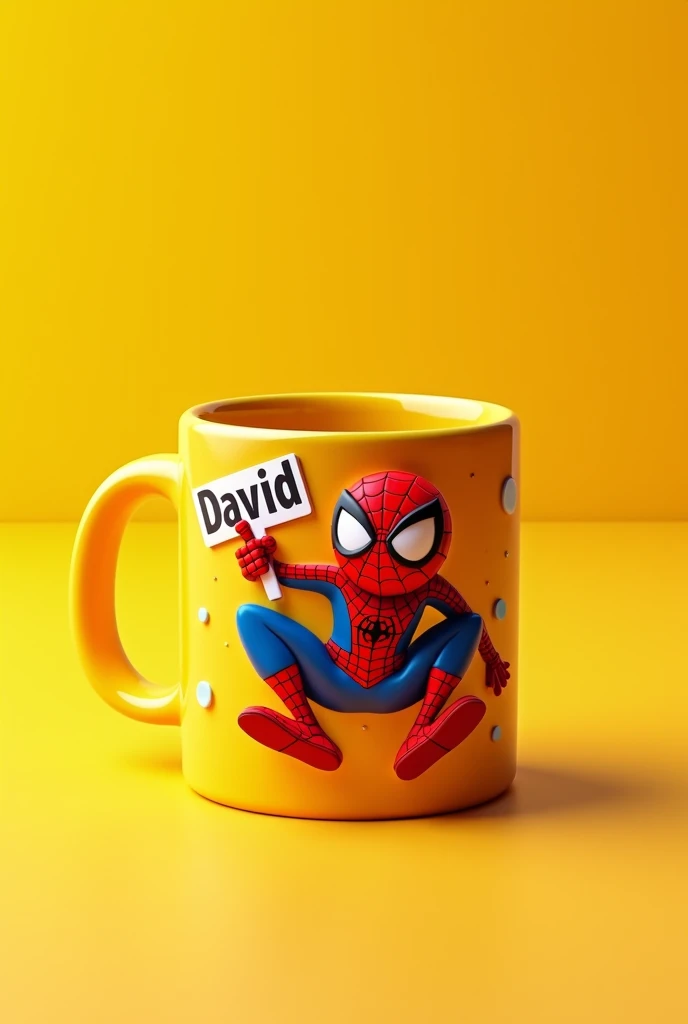 Yellow 3d mug with Spiderman cartoon saying David