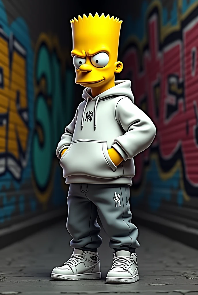 realistic image of Bart Simpson dressed as a rapper with a white Jordan hooded sweater and gray Jordan pants and a Yankees New Era flat cap, white Jordan Retro 1 shoes. Black background with graffiti