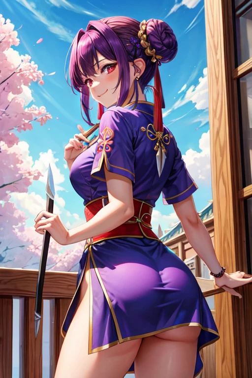 8k, alta risolución, ultra detailed, (obra maistra:1.4), Best Quality,, 1 girl , is , back , hombros discubiertos , old , vistido chino , chinese clothing , double bun , hair between the eyes , Bun , holding knife , holding pole arm , jewelry , knife , kunai , large old , by the wide , mirando al ispectador , looking back , looking to the side , Pole arm , Vistido morado , purple hair , Red eyes , smile , Alone , tisel earrings , thighs