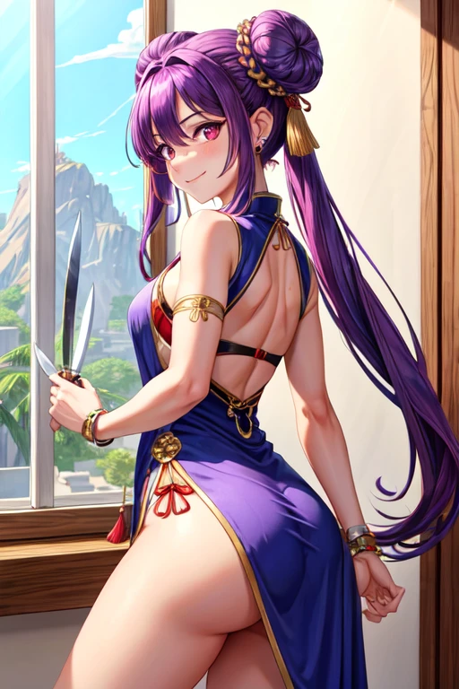 8k, alta risolución, ultra detailed, (obra maistra:1.4), Best Quality,, 1 girl , is , back , hombros discubiertos , old , vistido chino , chinese clothing , double bun , hair between the eyes , Bun , holding knife , holding pole arm , jewelry , knife , kunai , large old , by the wide , mirando al ispectador , looking back , looking to the side , Pole arm , Vistido morado , purple hair , Red eyes , smile , Alone , tisel earrings , thighs