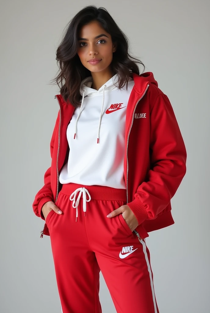 A piece of clothing, White and red round neck Nike hoodie sweatshirt, wearing NIKE track pants, 38-D cup big firm breasts, zippered till neck jacket, Nike brand, athletic body sexy , very attractive face, cute smile, full length photo, smiling cute, Indian face, 34 years of age, looking at the camera straight.