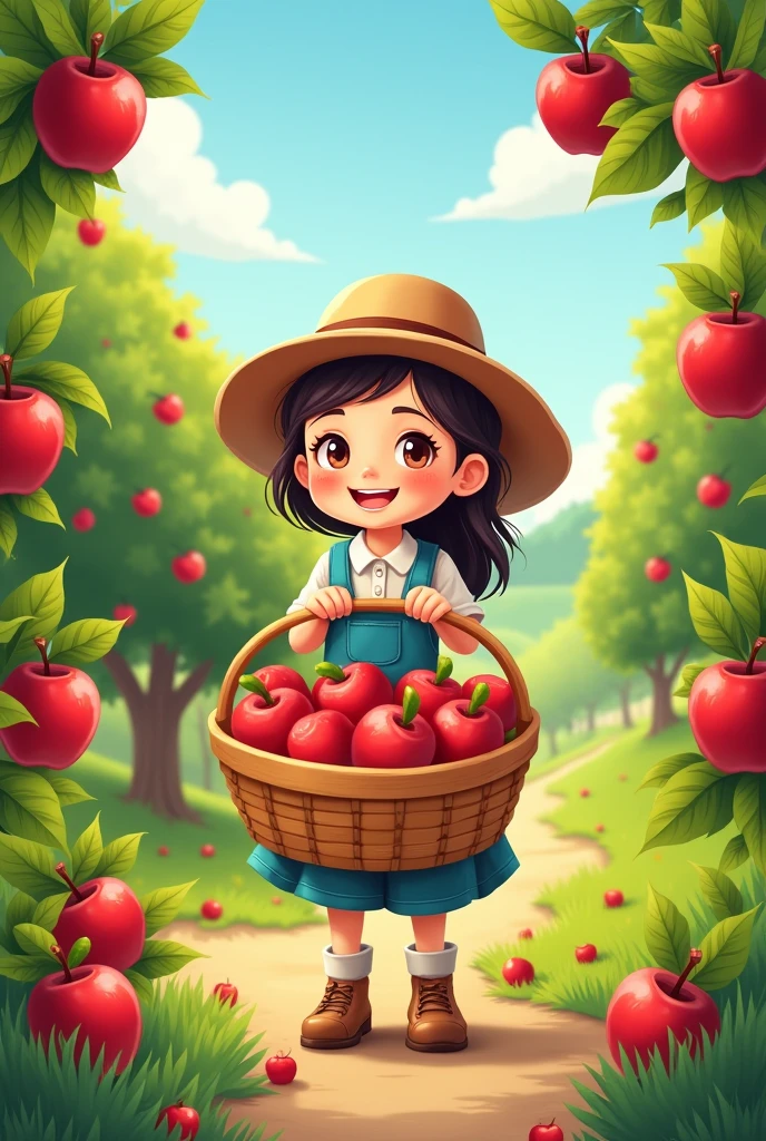 A girl carrying 8 apples in her basket cartoon
