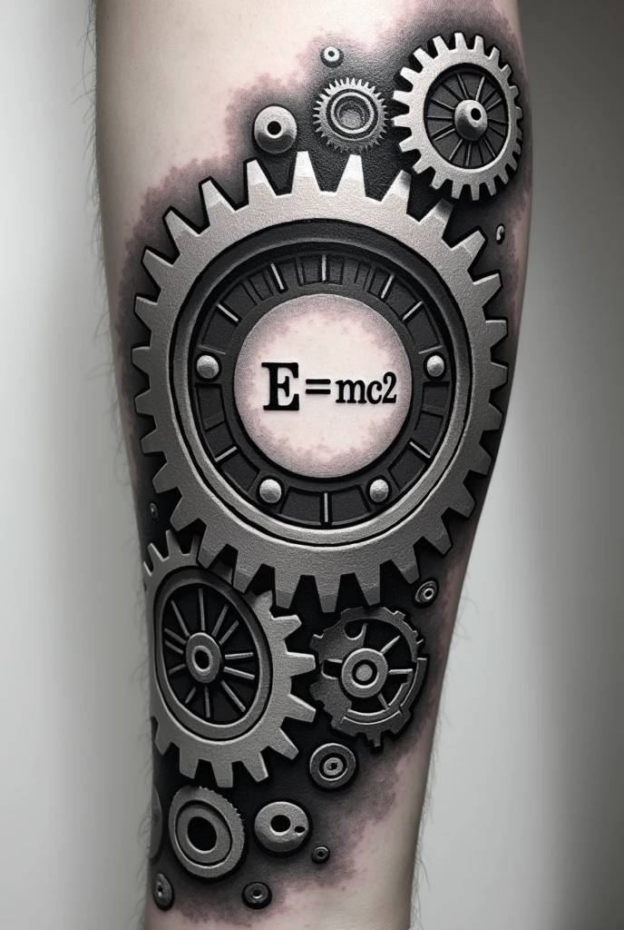 tatuagem preta e branca It isngrenagens e It isquações: Incorpore a famosa equação de It isinstein, It is=mc², around or within a set of gears, showing the connection between physics and mechanics.