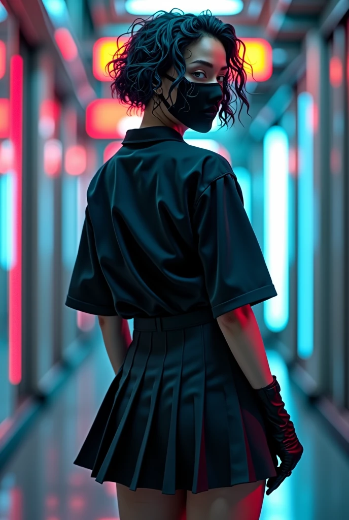 A cyberpup style image of a man with short curly hair, A little chubby and with big hips wearing a tight black shirt and a school skirt that shows her butt with a black mask on her face 