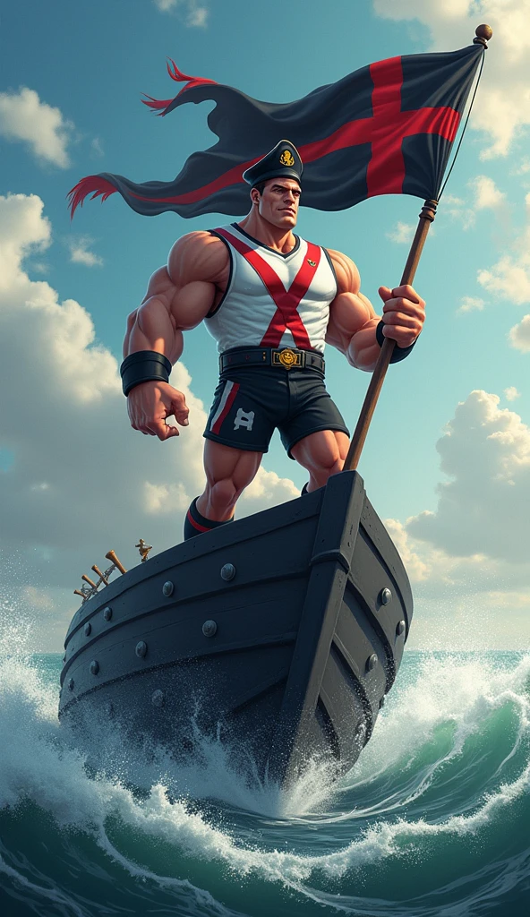 The mascot is an admiral, muscular, puffed-up chested, with an imposing appearance. He should be wearing a soccer uniform, a white shirt with a black crossband, over the band a thick red Maltese cross on the chest, black shorts and socks, with a black admiral's hat with a thick red cross on the sides straight in front. The admiral should be posing with a confident and friendly expression, holding a black flag in one hand, waving in the wind, on top of a large black slave ship in a high sea with waves.