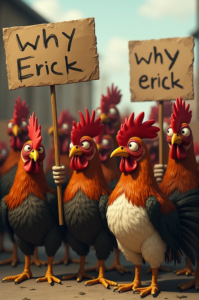 sad roosters protesting holding placards that read "WHY ERICK ALWAYS"

