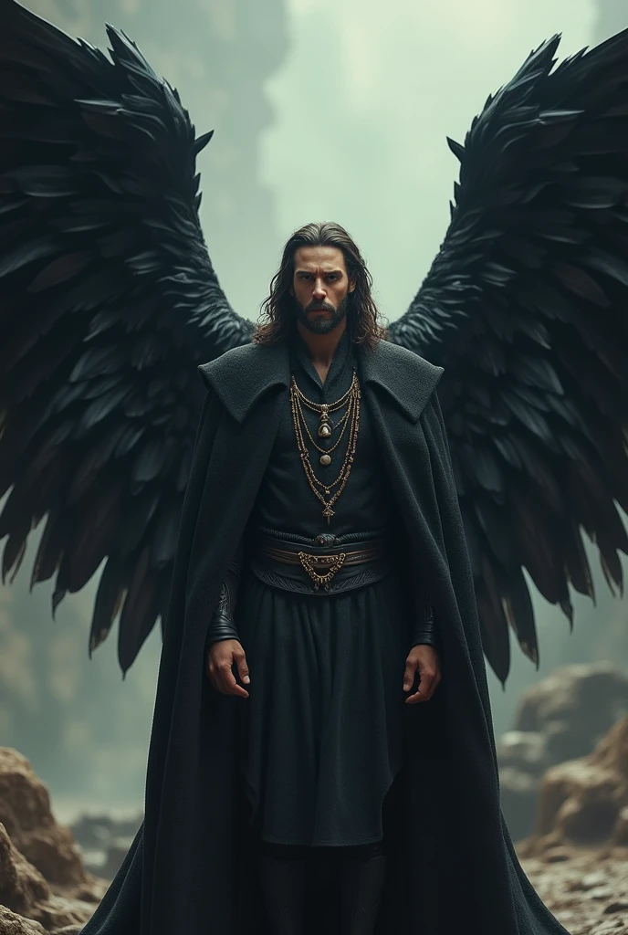 Thirty year old man, longye hair, short beard and black wings