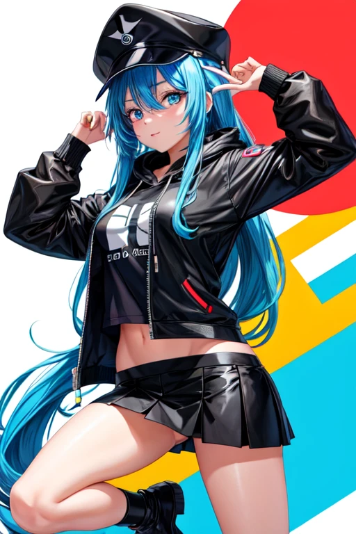 Anime girl with blue hair and a white hat posing for a photo., Anime 2d style, animated style 4 k, bright blue, 4k anime wallpaper, black and blue, anime girl with long hair., cyberpunk anime girl in hoodie, cyberpunk anime girl, trend on artstation pixiv, animated style. 8k, Anime 2d, Popular on Pixiv, revealing clothing,Stylish image of a woman in black uniform and black coach cap., designer black plus symbol in the middle of the hat, black designer short skirt, long sexy legs, big , white heels, striking pose, ultra high definition, ultra resolution quality, Best Quality, masterpiece, great sexy body, ultra high definition quality, better resolution, 4k, ultra 4k hd, 8k, ultra 8k hd, 8k hd