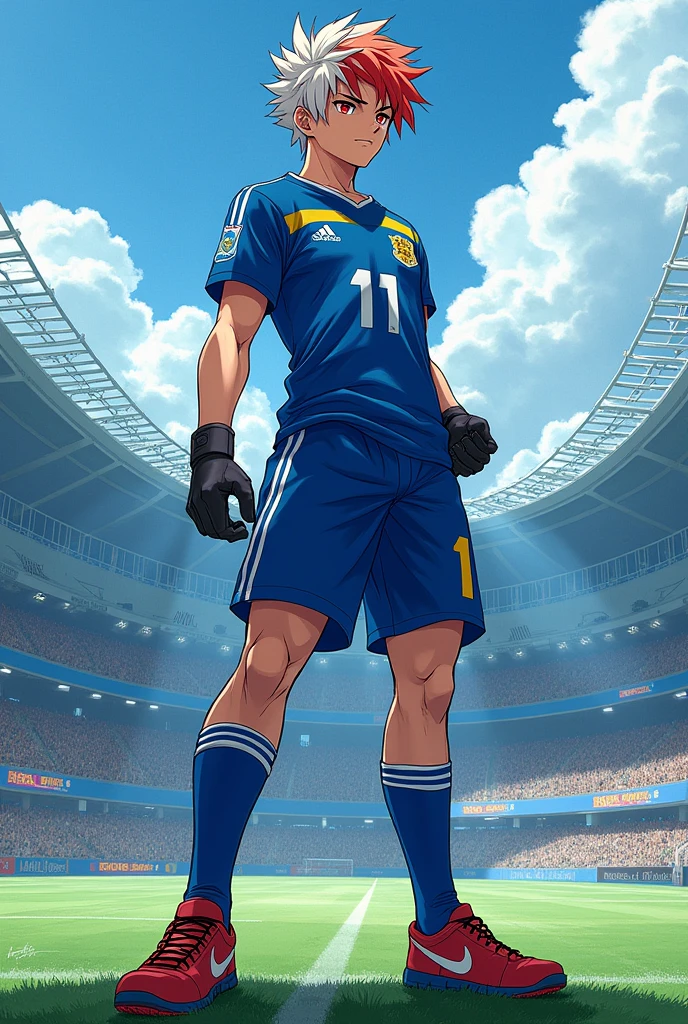 Create an image of Ren Hayato, a 1 football player from the Blue Lock Eleven team, which matches the art style of the Blue Lock manga. Ren is 1.85 meters tall and has a muscular but youthful build. His platinum blonde hair is styled in a wild and spiky manner, identical to Shidou Ryusei's hairstyle but without the red streak. His eyes are a fiery and intense red, reflecting his fierce and determined personality. Ren's face is clean, without scars. He is wearing the official Blue Lock Eleven uniform with the number 11 jersey as depicted in the manga.
en is depicted in Shidou Ryusei's iconic pose from the PXG match. The background is a dynamic football field with intense action, clean lines and shadows that are very reminiscent of the manga's distinct style, emphasizing Ren's role as a key player on the team. the difference between your hair and shidou's is: instead of blonde it's silver blonde and instead of pink it's red. more blue lock manga style. his have a red hair lock in front of the hair like shidou's

Image size: 1024x1792 (full-body portrait)