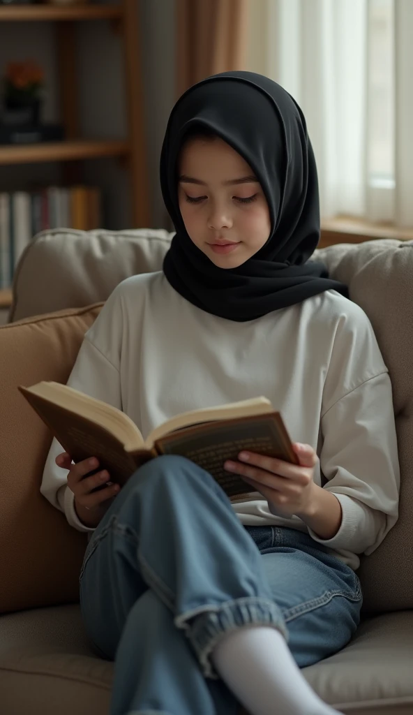 Best quality, masterpiece, ultra high resolution (photorealistic: 1.4), raw photo, 1 girl, European girl, little caucasian girl, cute and adorable girl, teenage girl, wearing black hijab, baggy white t-shirt, baggy jeans, ((white socks)), in her livingroom, reading a book, ((full body view)), Sitting on a couch 