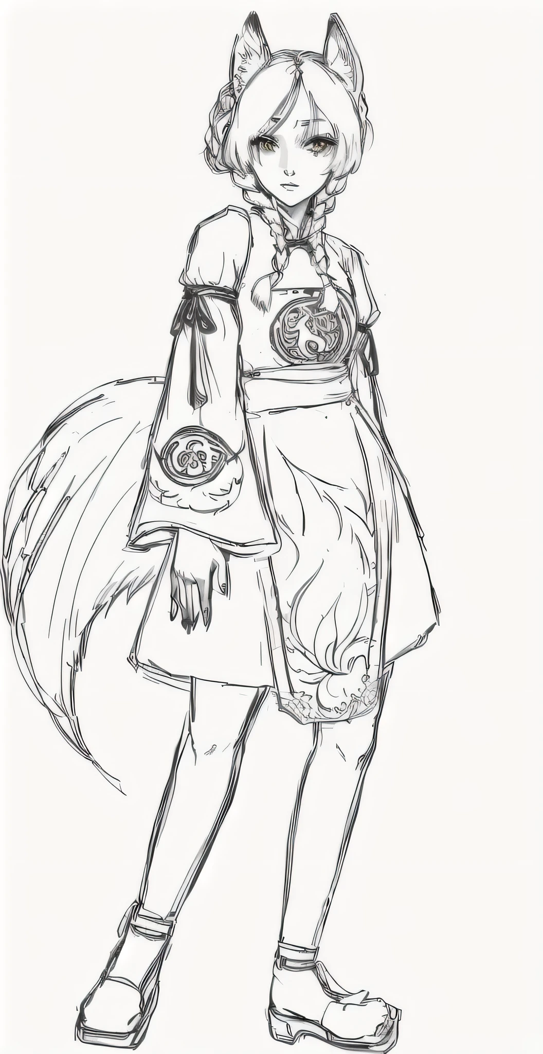 Kitsune girl, bright skin, tired look, yellow eyes, Brown hair, two braids, yin yang symbol on chest, eye symbols on sleeve, fire pattern on hem, Chinese dress, big fox tail