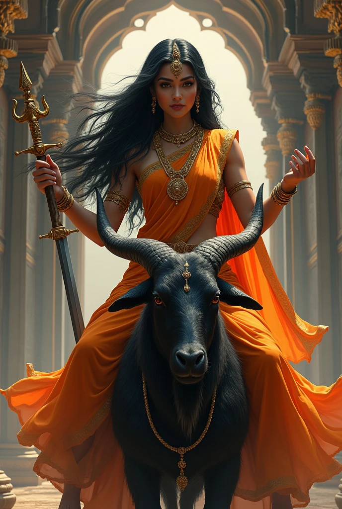 girl in saree wearing black long black hair with sword in one hand and trishul in other hand sitting on black goat in tample
