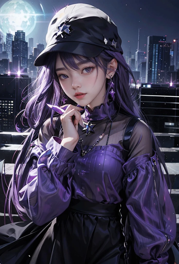 1 beautiful girl, purple hair, light purple eyes in the middle there are stars, wearing a black hat, purple clothes, very detailed, beautiful, realistic