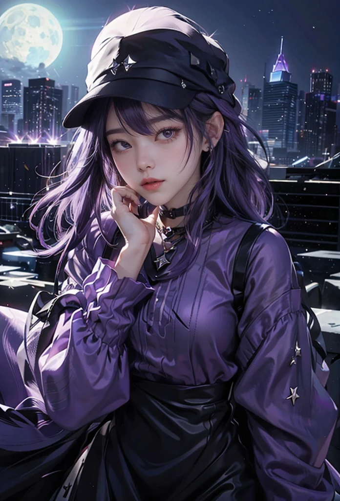 1 beautiful girl, purple hair, light purple eyes in the middle there are stars, wearing a black hat, purple clothes, very detailed, beautiful, realistic