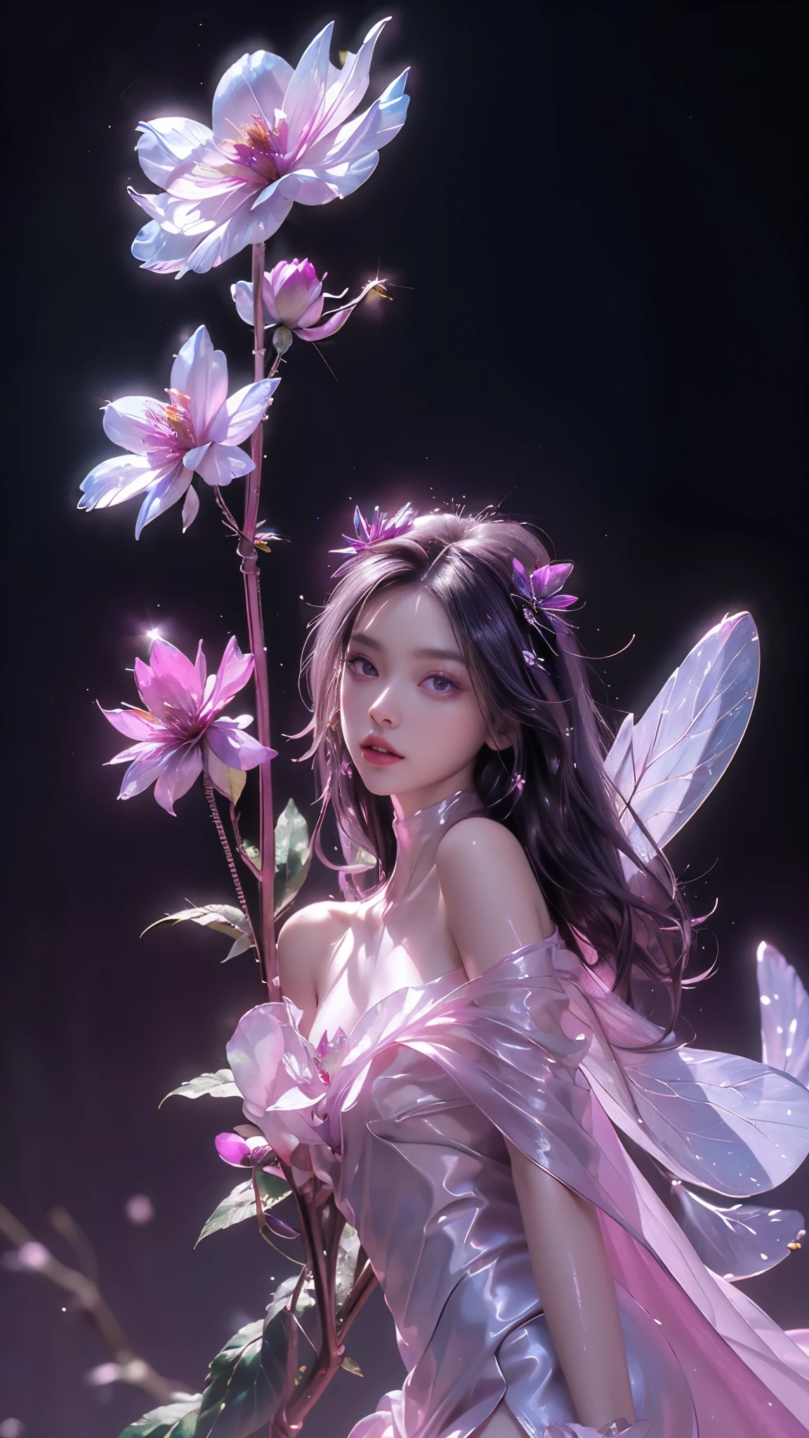 8k, masterpiece, 1 girl, beautiful face, very long hair, light makeup, (glossy skin:1.5), detailed eyes, detailed lips, small bust, short clothing, dragonfly, ((magenta dragonfly clothing)), ((flowing cape)), light clothing, ((bare shoulder)), (flower falling:1.5), god rays, depth of field, ray tracing,