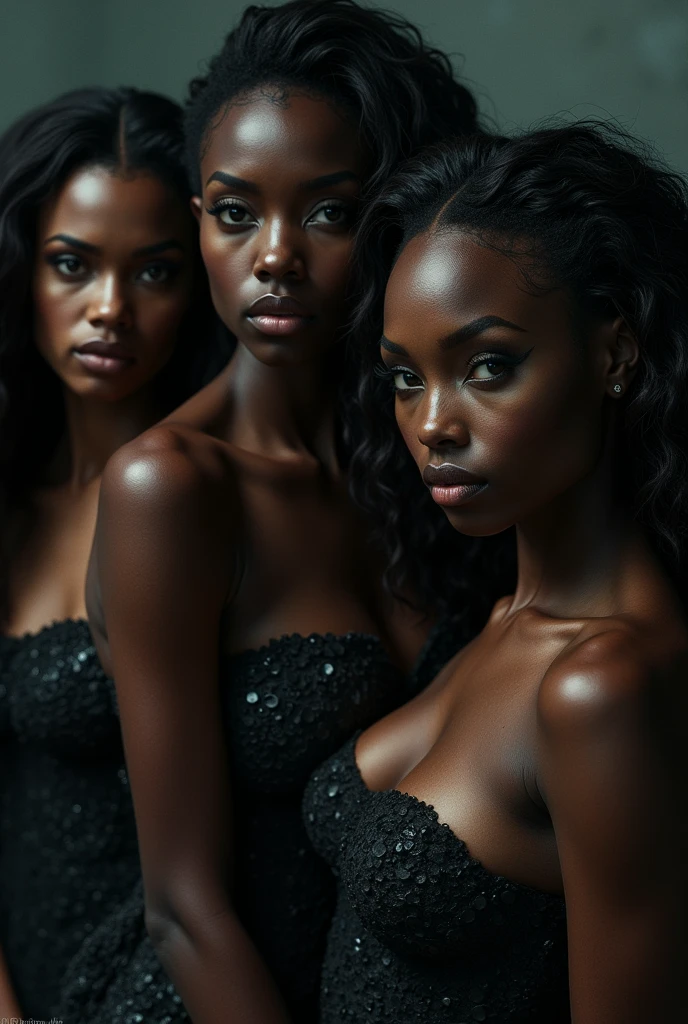 4 black women. Honey brown skin. Mermaid on land. Sultry look. Glowing eyes. Evil. Ultra high resolution.
