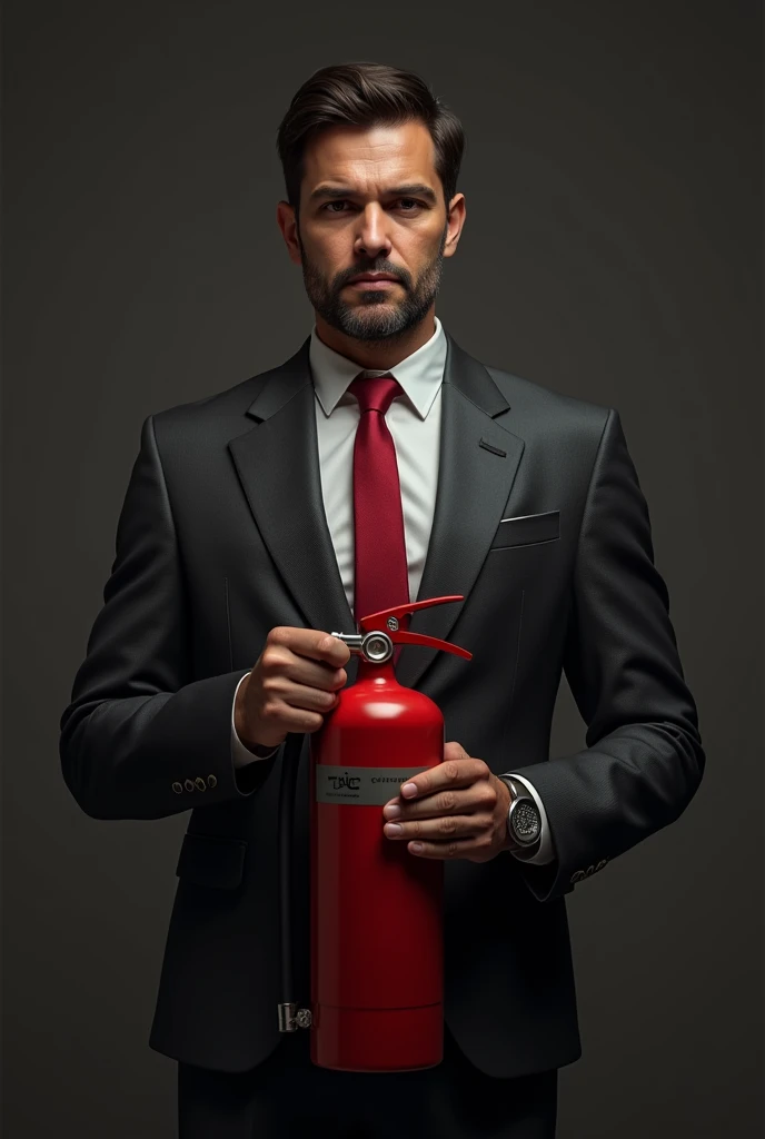 Dark-skinned boy in a suit and red tie with short hair, age 38 years, holding a fire extinguisher, Brazilian appearance.