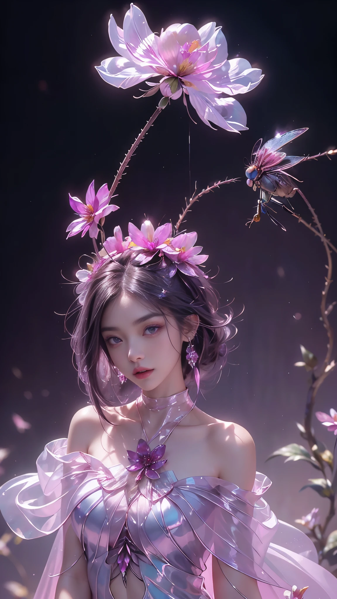 8k, masterpiece, 1 girl, beautiful face, very long hair, light makeup, (glossy skin:1.5), detailed eyes, detailed lips, small bust, short clothing, dragonfly, ((magenta dragonfly clothing)), ((flowing cape)), light clothing, ((bare shoulder)), (flower falling:1.5), god rays, depth of field, ray tracing,