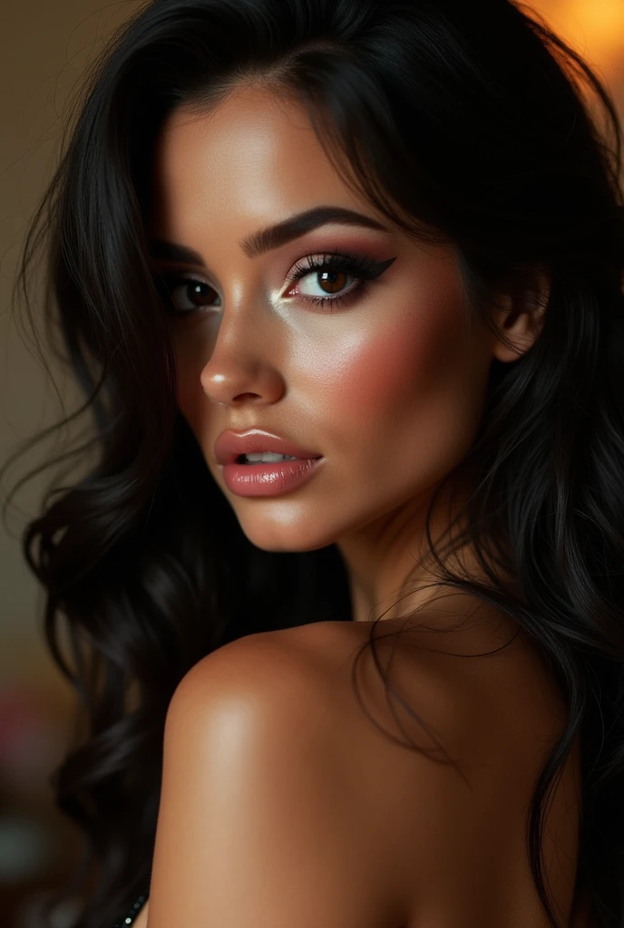create a brunette milf, with a beautiful face, but very slutty, wearing very provocative clothing, has black eyes, very long black hair, with golden locks, full, pink mouth