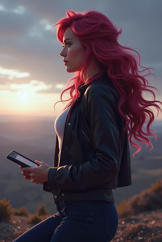 android 21, looking at the horizon , Profile, with casual clothes, with cell phone in his right hand