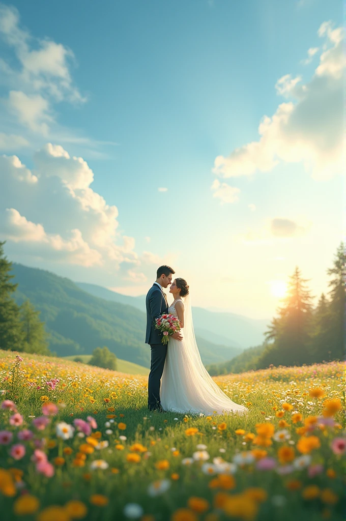 A groom and a bride in the background of a beautiful landscape like a green field full of flowers, a radiant sky in the late afternoon
