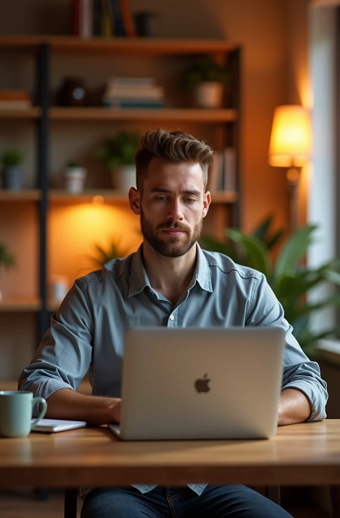 "A man in his mid-25s is working intently on a MacBook in a modern, cozy workspace. He has short brown hair, a neatly trimmed beard, and wears a casual yet professional outfit, including a button-up shirt and dark jeans. The environment around him features warm lighting, a wooden desk with some stationery, and a coffee mug nearby. The background includes a bookshelf with a few plants, giving the space a comfortable and productive vibe."