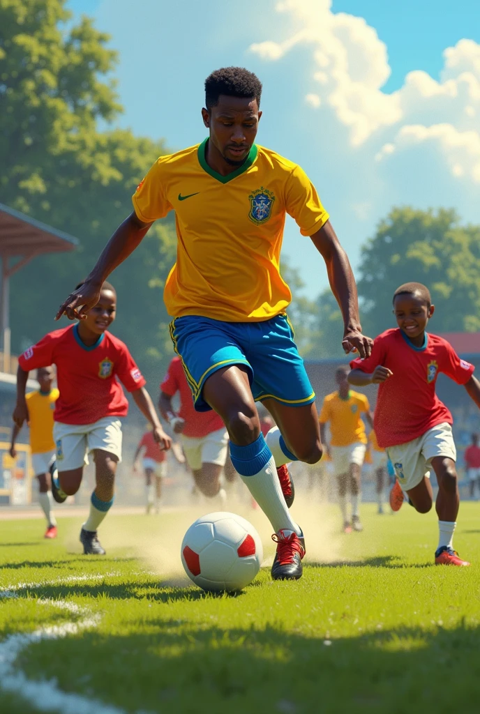 Please create an image, cadre terrain de football. Le footballeur Pelé en evidence en train de jouer au foot avec des enfants afro-haïtien. Dynamic framework, fabuleux. Votre expertise m'est indispensable. 