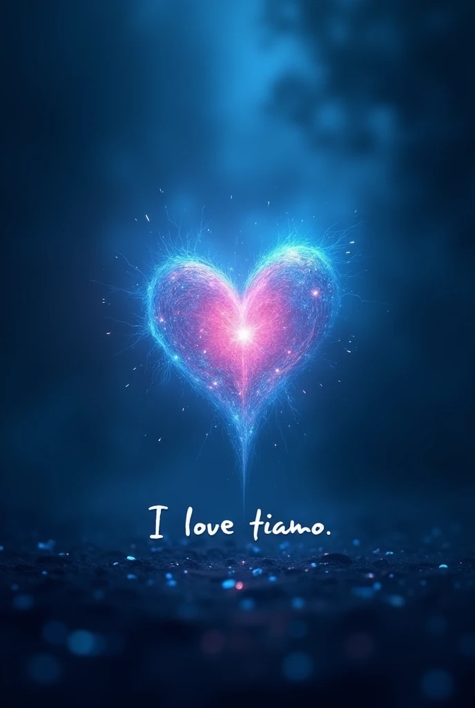 Fantastic dark blue glowing background. A heart shines in the middle. Below are the words I love Tiamo