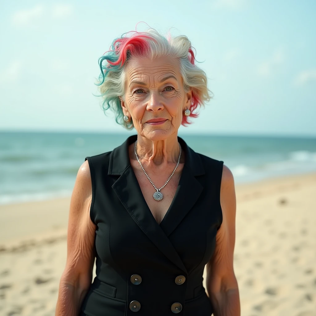 documentary photography of an old woman as a ((neural network ninja)) with ((multicolored rainbow hair)) wearing (rockabilly clothes),dressed in black dress,double-breasted,v-neckline,sleeveless,silver necklace,sandy beach