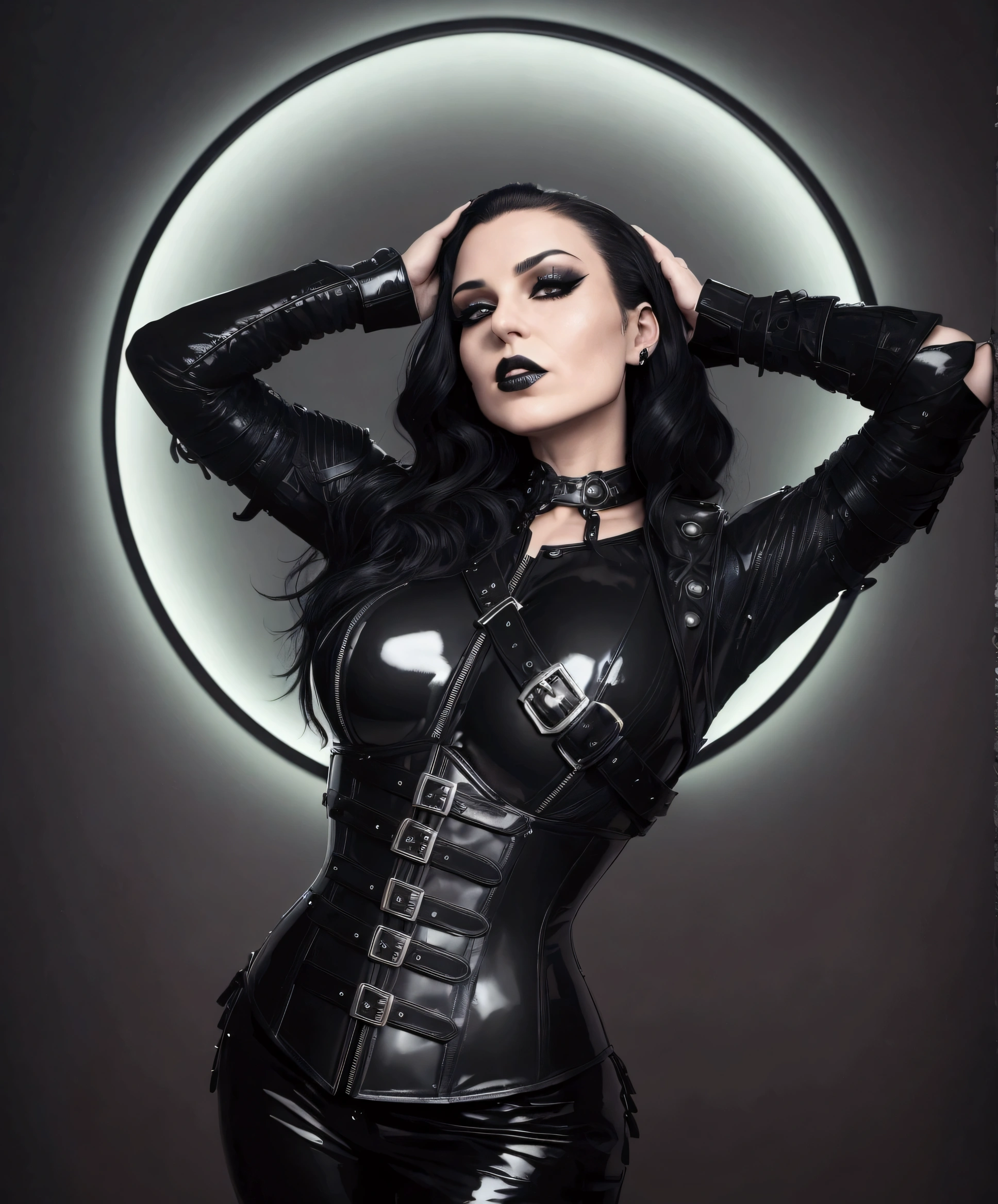 arafed woman in a black corset posing in front of a circular light, in a leather corset, dominatrix, wearing black latex outfit, dressed in black leather, latex domme, vests and corsets, seductive cyberpunk dark fantasy, dressed in black body armour, wearing a full leather outfit, photo from a promo shoot, latex outfits