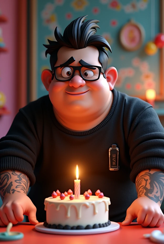 Disney Pixar style 3D character illustration of a plus-size man, square face of a bad boy with short hair combed to the side, black glasses, black sweater, tattoos on arms, blowing out a birthday candle 