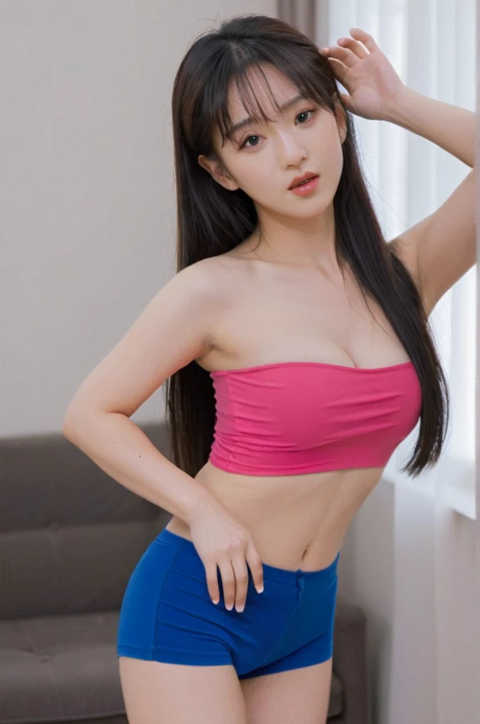 close-up of beautiful South Korean, An Yujin is a South Korean singer, An Yujin is a South Korean IVE pop girl group singer, age 21 years girl, youthful face, perfect body, white body skin, very classic length hair, ((rapunzel long hair)), standard black hair, her hair is very straight and smooth, flat bangs hair, very long hair and straight hair with bangs, 36 inches breasts size, wearing a plain standard hot pink strapless tube top, wearing a tight plain dark blue seamless spandex boyshort pant short leggings, Yujin holding breasts with her own two hands is very sexy and sigh, Yujin squeezes the breasts very seductively, Yujin lowered her strapless tube top a little bit, Yujin does dance moves very sighing and seductive, the dance that Yujin does is very sexy and seductive, ((Yujin performed a very sexy and seductive dance in front of the her boyfriend)), ((Yujin gets horny when doing a seductive dance)), sexy looking pose, pose a naughty look, pose looks seductive, the pose looks coquettish, at the boyfriend living room, boyfriend living room background, UHD