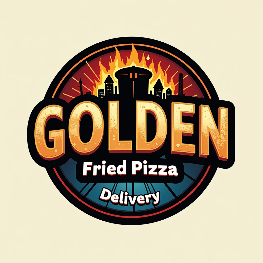 CREATE A round LOGO for a restaurant called "golden" which will be highlighted, just below it will be written "fried pizza" in capital letters. at the bottom in white "delivery". The name will be highlighted with a bold, industrial-style font.. Include a color palette that reflects a delivery restaurant, with metallic tones like red and orange accented by a vibrant, contrasting color like black or blue to represent the heat and intensity of the flavor. A clean and modern design, suitable for reproduction on business cards, flyers and for instagram page.