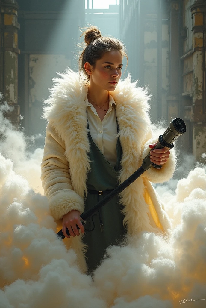 female worker, from a textile plant, Alpaca fluff on his clothes, blowing air all over his body with an air gun